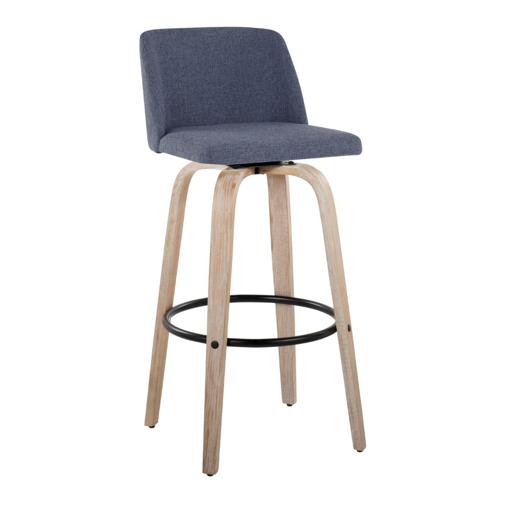 English Elm Toriano Set Of 2 Contemporary Barstools With Blue Fabric, White-Washed Wood & Black Metal Footrest B202S00665-GIGA