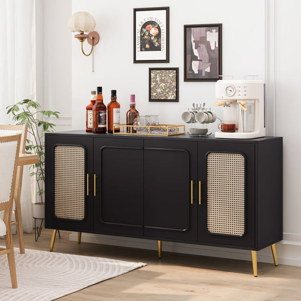 English Elm 59.84" Vintage Four-Door Cabinet with Plastic Rattan Panels, Black MDF Storage Console, Sturdy W757P203147