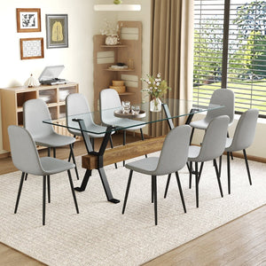 English Elm Table 9-Piece Modern Dining Set With Glass Top, X-Shaped Metal Legs & Comfortable Gray Chairs W1151S03605-GIGA