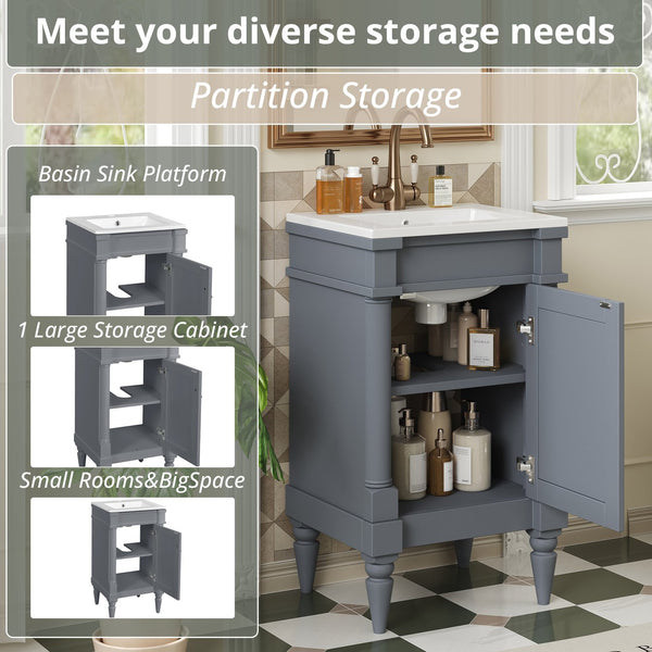 English Elm 18-Inch Modern Bathroom Vanity with Sink Compact Retro Design Durable MDF & Solid Wood Legs Storage-Friendly Gray N710P257401E