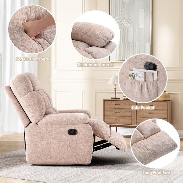 English Elm Recliner Upholstered PU Leather Rocker with Side Pocket, Ergonomic 110°–160° Adjustable Reclining Seat with Footrest, Sturdy Metal Frame for Living Room Comfort Beige T3623P380405