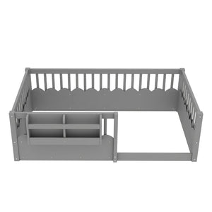 English Elm Twin Low Profile Kids Floor Bed Pine Wood Frame with Safety Rail and Built in Bookshelf Gray W1580P373135