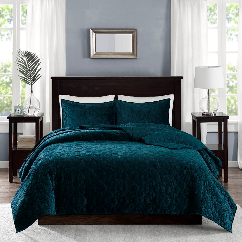 JLA Home Madison Park - 3 Velvet Quilt Set with Plush Polyester Velvet, Geometric Quilting, Antimicrobial Finish for Cozy Style Teal MP13-4611