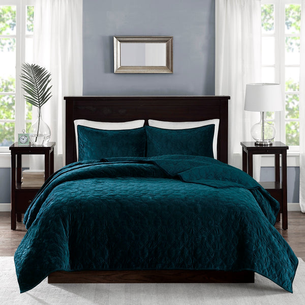 JLA Home Madison Park - 3 Velvet Quilt Set with Plush Polyester Velvet, Geometric Quilting, Antimicrobial Finish for Cozy Style Teal MP13-4611
