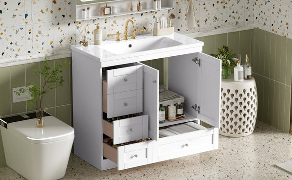 English Elm 36 Inch Shaker Bathroom Vanity with Resin Sink Four Soft Close Drawers Mdf Cabinet White N729P000028K
