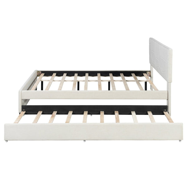 English Elm Queen Linen Upholstered Platform Bed with Brick Textured Headboard and Pull Out Trundle SF000004AAA-1
