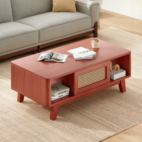 English Elm Coffee Mid Century Storage Coffee Table with Rattan Drawer, Solid Wood Legs, Durable 110lb Capacity Cherry T3623P380686