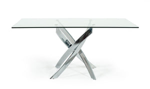 VIG Furniture Pyrite Clear Tempered Glass Dining Table With Sculptural Chrome Legs — Seats 6, Modern Minimalist Chic VGEWF2133EA