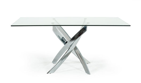 VIG Furniture Pyrite Clear Tempered Glass Dining Table With Sculptural Chrome Legs — Seats 6, Modern Minimalist Chic VGEWF2133EA