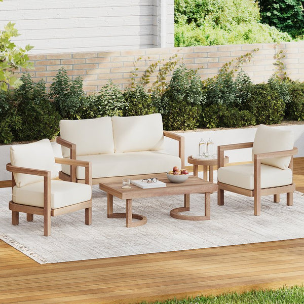 English Elm Christopher Knight Home® - 5-Pieces Acacia Wood Patio Set with Plush Beige Cushions, Coffee & End Tables, Durable Outdoor Seating N780P7230308