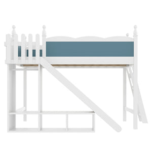 English Elm Queen Solid Pine Loft Bed with Wardrobe Shelves Detachable Slide and Dual Sleeping Zones Blue,Off White W5305S00029