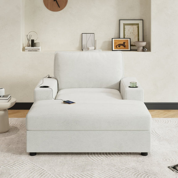 English Elm Christopher Knight Home® - 42.8" Oversized Chaise Lounge with Storage Ottoman, Corduroy Upholstery, USB Port & Cup Holders for Cozy Living Space Beige N765P350851W