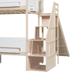 English Elm House-shaped Pine Bunk Bed with Built-in Slide Storage Staircase Twin Over Full Kids Frame Beige+White N820S00082A