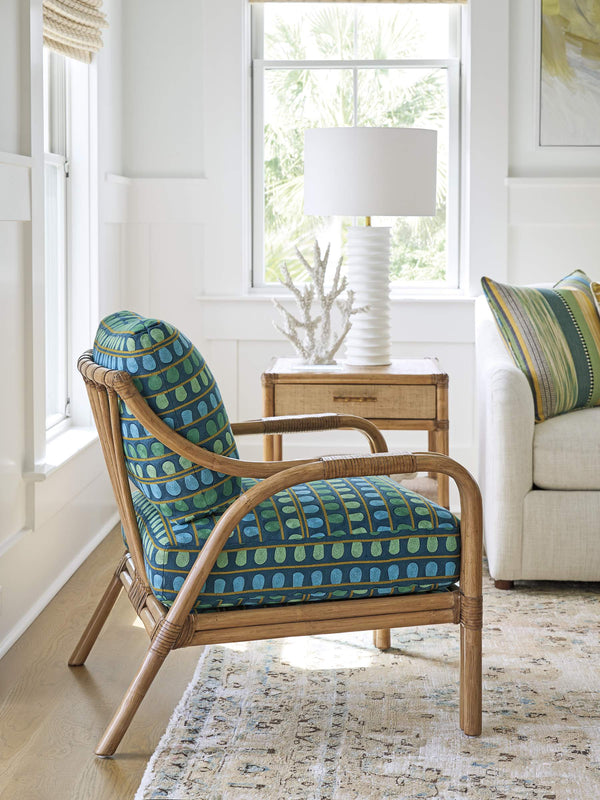 Calatrava Raffia Accent Chair with Brass Hardware and Down Cushion for Coastal Living Spaces