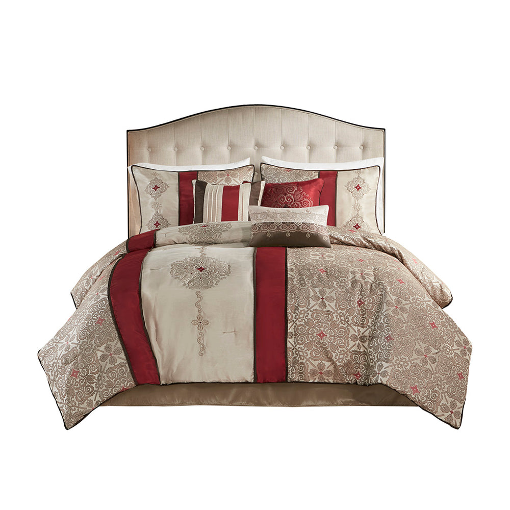 JLA Home Madison Park - 7 Piece Jacquard Comforter Set Bold Red Colorblock with Taupe Embroidery, King Shams & Pillows, Machine-Washable MP10-751