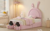 English Elm Twin Size Upholstered Rabbit-Shape Bed With 2 Storage Stools, Velvet Platform Bed With Cartoon Ears Shaped Headboard, Pink