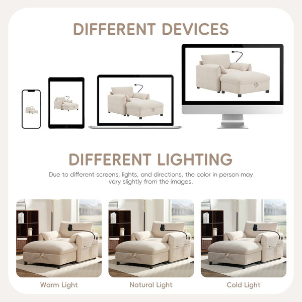 English Elm 37" Oversized Chenille Armchair with Ottoman Usb Charging Pocket Spring Living Room Beige N723P387145A