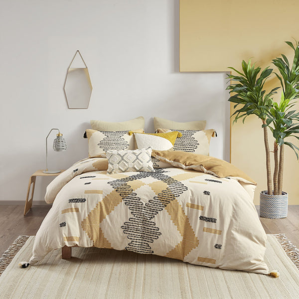 English Elm Full/Queen Arizona 3-Piece Cotton Duvet Cover Set with Yellow-Grey Geometric Print, Tassels & Ties B035129127