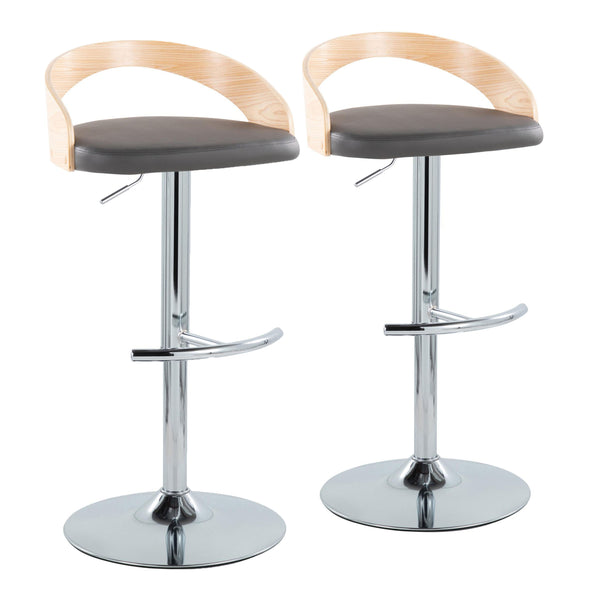 English Elm Grotto Adjustable Barstool Set Of 2 With Swivel Chrome Base, Grey Faux Leather & Natural Wood Style B202S00916