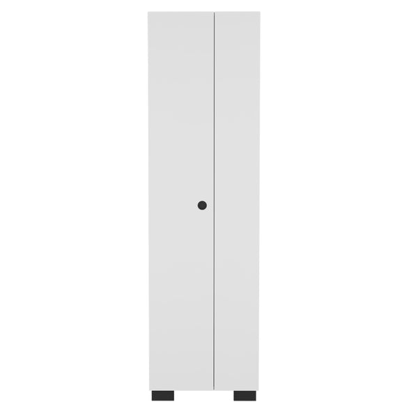 English Elm Lake Slim Broom Cabinet White – Slim Particleboard Storage with Inner Shelves, 3 Side Hangers, Base Compartment and Modern Finish B070S00345