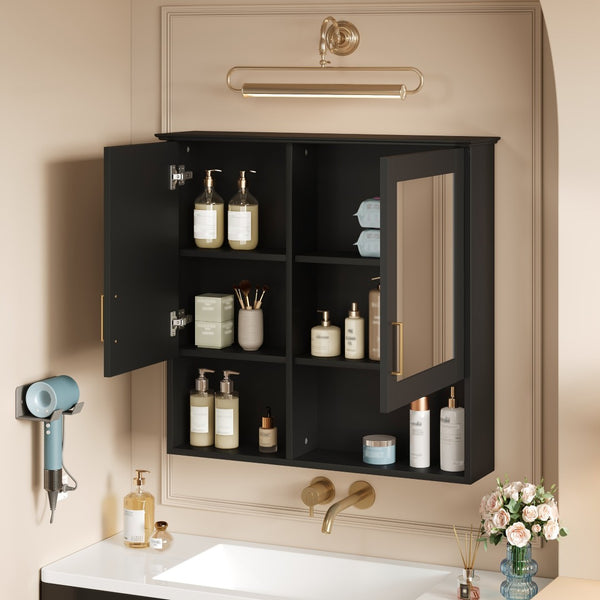 English Elm 2-in-1 Matte Wall Mounted Medicine Cabinet Soft Close Mirror Storage for Bathroom Vanity Black N710P389456B