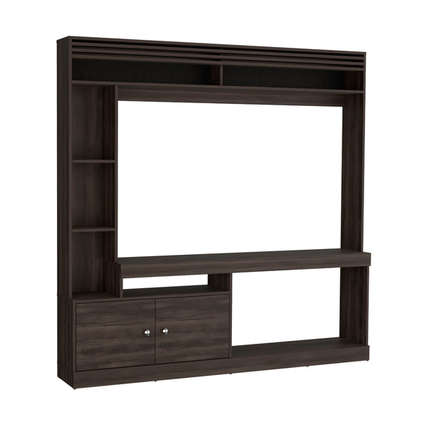 English Elm Dante 71" Wide Freestanding Entertainment Center with 8 Shelves, TV Stand, Bookcase & Cabinet in Dark Walnut B200S00415