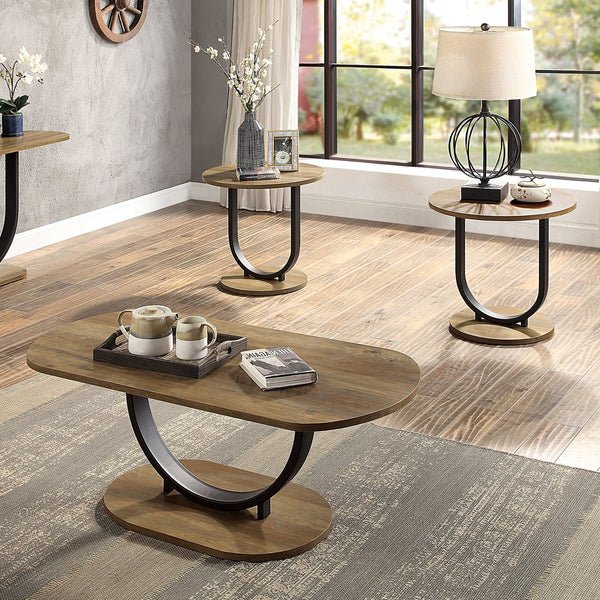 English Elm Industrial 3pc Coffee Table Set with Replicated Wood Tops and Sand Black U-Shape Steel Base, Rustic Appeal Black,Oak 51 L x 28 W x 8 H B2741P360157