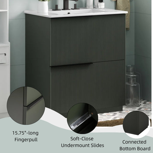 English Elm Christopher Knight Home® - 30" Bathroom Vanity With Elegant Ceramic Sink, Soft-Close Drawers & Fluted Green Design For Modern Spaces N817P295760G