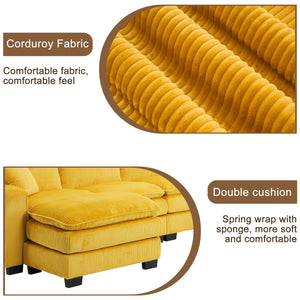 English Elm Modern U Shaped 6-Seat Sectional Sofa with Ottoman and 3 Toss Pillows, Corduroy Modular Comfort and Durable Frame Yellow W2363S00040