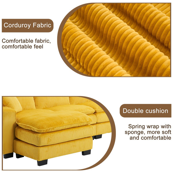 English Elm Modern U Shaped 6-Seat Sectional Sofa with Ottoman and 3 Toss Pillows, Corduroy Modular Comfort and Durable Frame Yellow W2363S00040