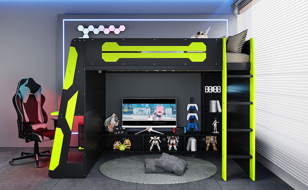 English Elm Full Size Wood Loft Bed with Rgb Lighting Desk Storage and Gaming Console Shelf Green LT000260AAG