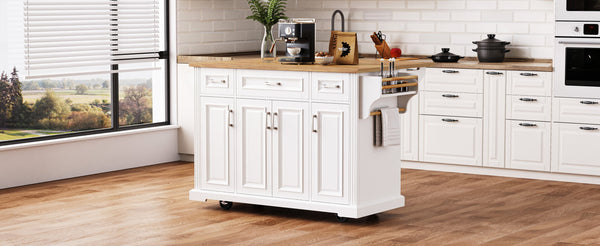 English Elm K&K 54" Farmhouse Kitchen Island with Embossed Texture, Drop Leaf, Soft-Close Drawers & Wheels White N707P195395W