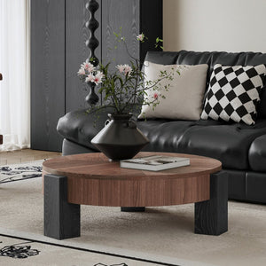 English Elm 33'' Round Coffee Table Parquet Veneer Flip Top Hidden Storage Wabi-sabi Living Room Walnut+Black W1435P419321