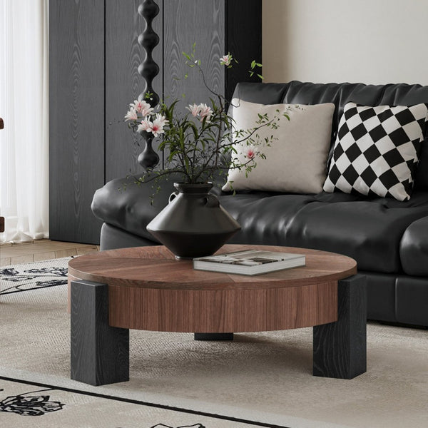 English Elm 33'' Round Coffee Table Parquet Veneer Flip Top Hidden Storage Wabi-sabi Living Room Walnut+Black W1435P419321