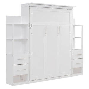 English Elm Full Size Murphy Wall Bed with Led Lighting Shelves Drawers and Fold Down Storage LP100565AAK