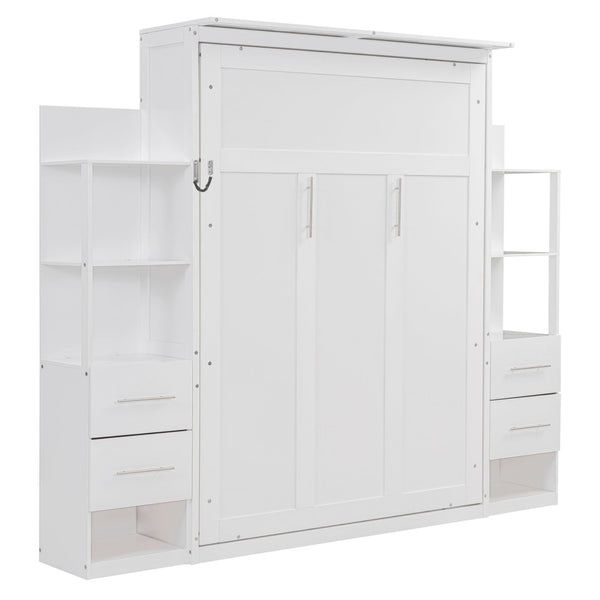 English Elm Full Size Murphy Wall Bed with Led Lighting Shelves Drawers and Fold Down Storage LP100565AAK