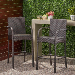 English Elm Christopher Knight Home® - CASCADA Outdoor Wicker Barstools Set of 2 — Durable Powder-Coated Iron Frame, Handcrafted Faux Rattan Lounge Brown 64901.00MBRN