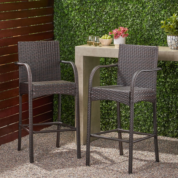 English Elm Christopher Knight Home® - CASCADA Outdoor Wicker Barstools Set of 2 — Durable Powder-Coated Iron Frame, Handcrafted Faux Rattan Lounge Brown 64901.00MBRN