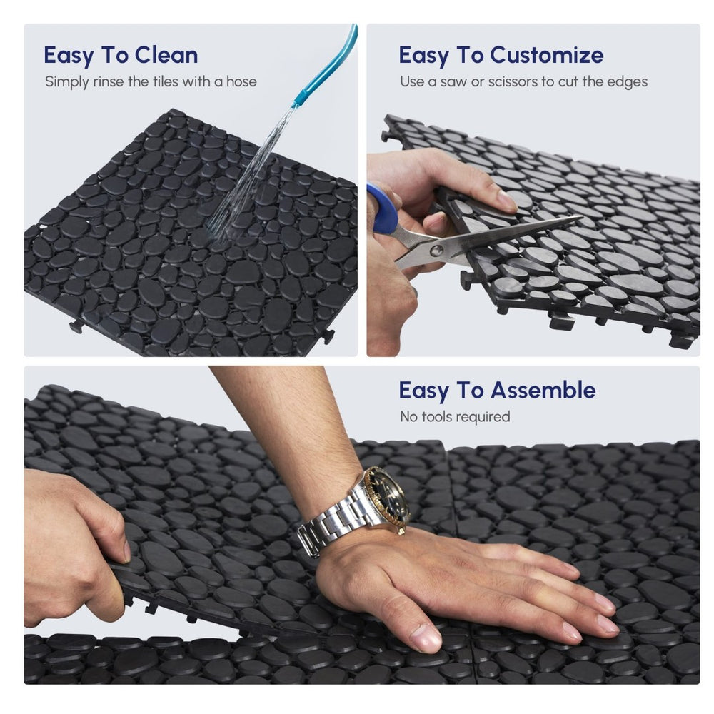 English Elm 12 Inch Interlocking Plastic Deck Tiles Pebble Stone Waterproof Outdoor Patio Pack of 60 Black W2391P189616