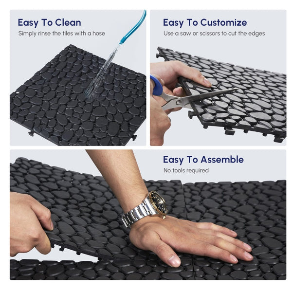 English Elm 12 Inch Interlocking Plastic Deck Tiles Pebble Stone Waterproof Outdoor Patio Pack of 60 Black W2391P189616