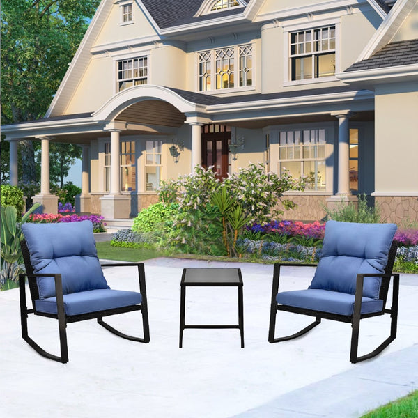 English Elm 3 Piece Outdoor Rocking Bistro Set Pe Wicker Steel Frame with Weather Resistant Cushions W2071P201034