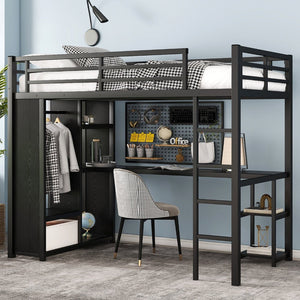 English Elm Twin Xl Loft Bed Frame With Desk & Wardrobe, Space-Saving Metal Design With Storage Shelves, Black W1580S00119-GIGA