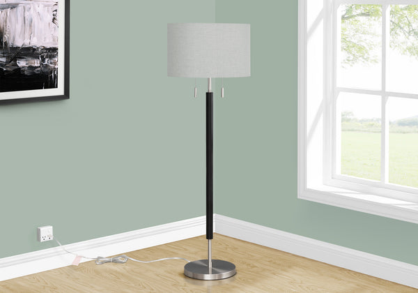 English Elm Lighting, Modern Tripod Floor Lamp with Linen Drum Shade, Adjustable Neck, Walnut Shelf, 66" Black 18 L x 18 W x 16 H B2710P221306