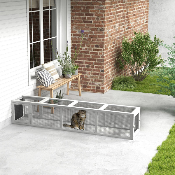 English Elm PawHut Extendable Outdoor Cat Tunnel 79" Wooden Catio Run with Weatherproof Mesh, Multi-Entry White+Black W2225P200586