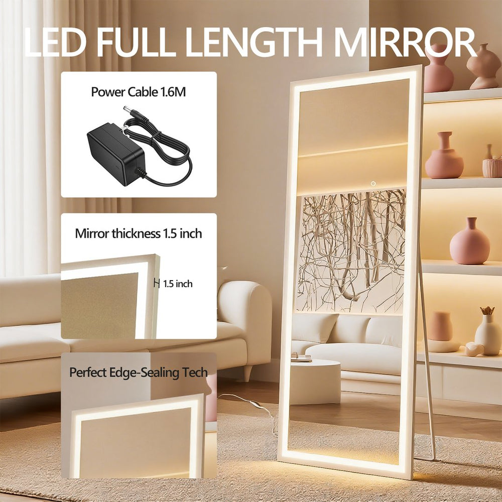 English Elm 75x28 LED Full Length Mirror with Dimmable 3-Color Temps, Shatterproof HD Glass, Versatile Floor or Wall Mount White T3757P347074