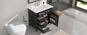 English Elm 30-Inch Contemporary Bathroom Vanity with Sink, MDF & Rubberwood, Glossy Finish, 3 Drawers + Cabinet Black N725P350819B