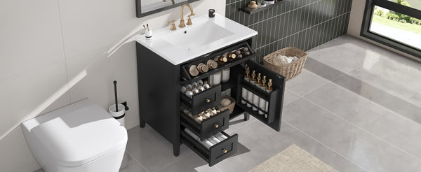 English Elm 30-Inch Contemporary Bathroom Vanity with Sink, MDF & Rubberwood, Glossy Finish, 3 Drawers + Cabinet Black N725P350819B
