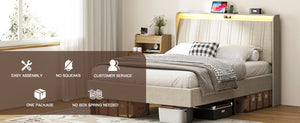 English Elm Twin Size Platform Bed with Beige Fabric Headboard, 800lb Metal/Wood Frame, USB Ports & Outlets W2889P272594