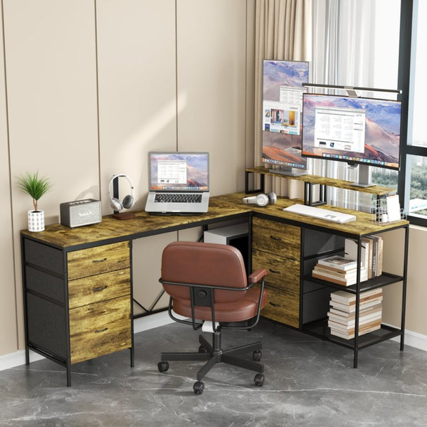 English Elm 114" L-shaped Industrial Gaming Desk with Power Hub 6 Drawers and Rustic Steel Frame T2398P438828