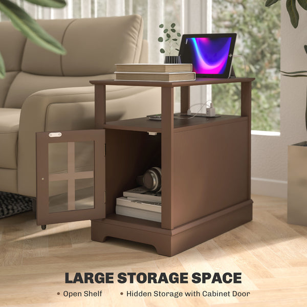 English Elm HOMCOM Narrow End Table with Built-In Charging Station, Hidden Glass Storage and Open Shelf Elegance Brown W2225P229465